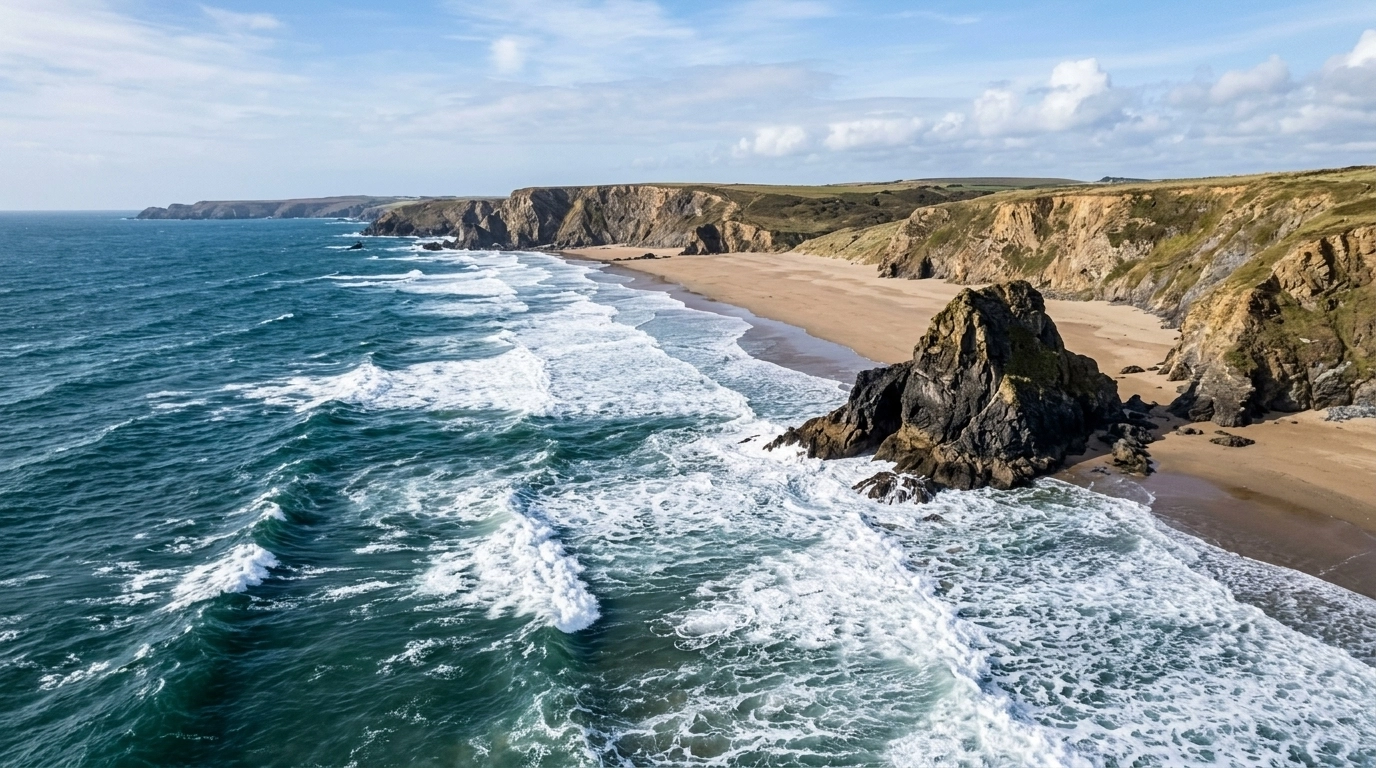 The dramatic coastline of Widemouth Bay in Cornwall