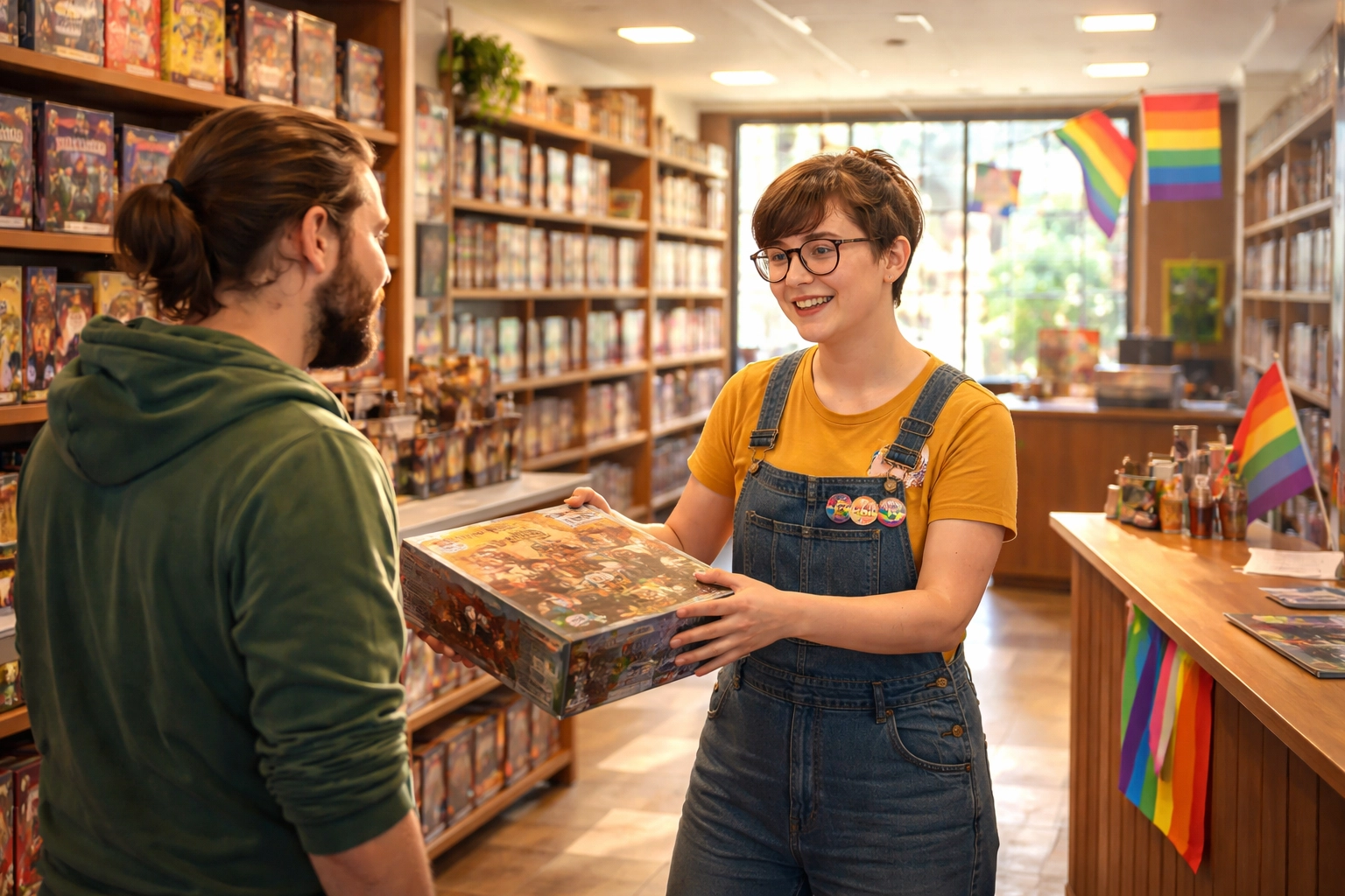 Pride flags and helpful staff in a friendly, transgender inclusive board game store