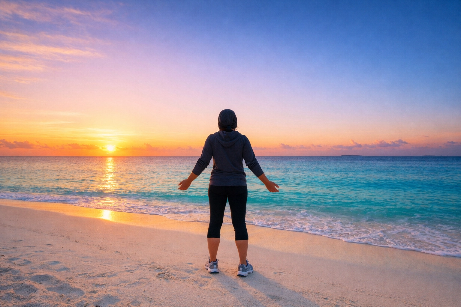 A person at the beach during sunrise, signifying a permanent wellness solution with BluSea Wellness.