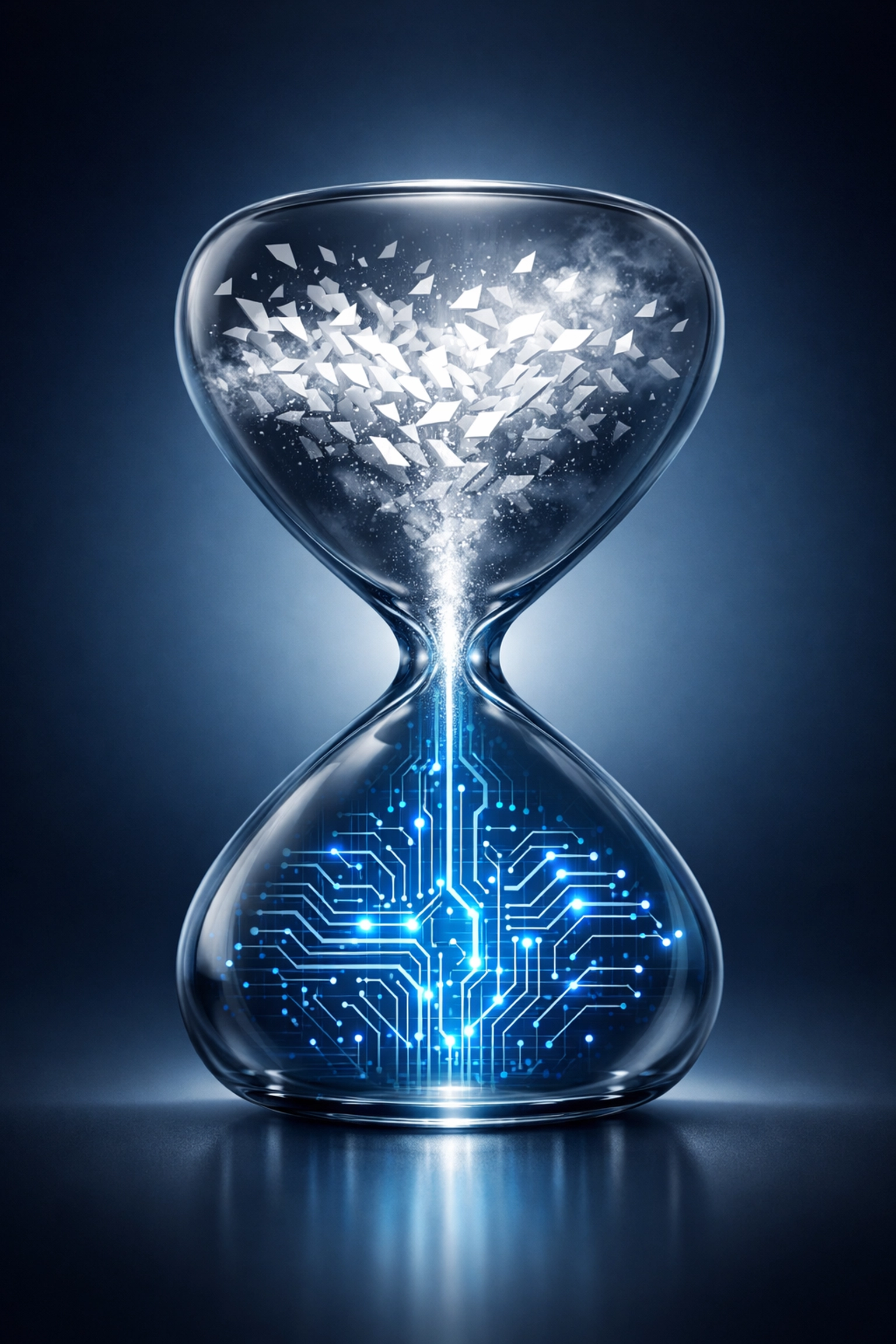 A digital hourglass illustrating the transition from manual tasks to streamlined AI workflow automation.