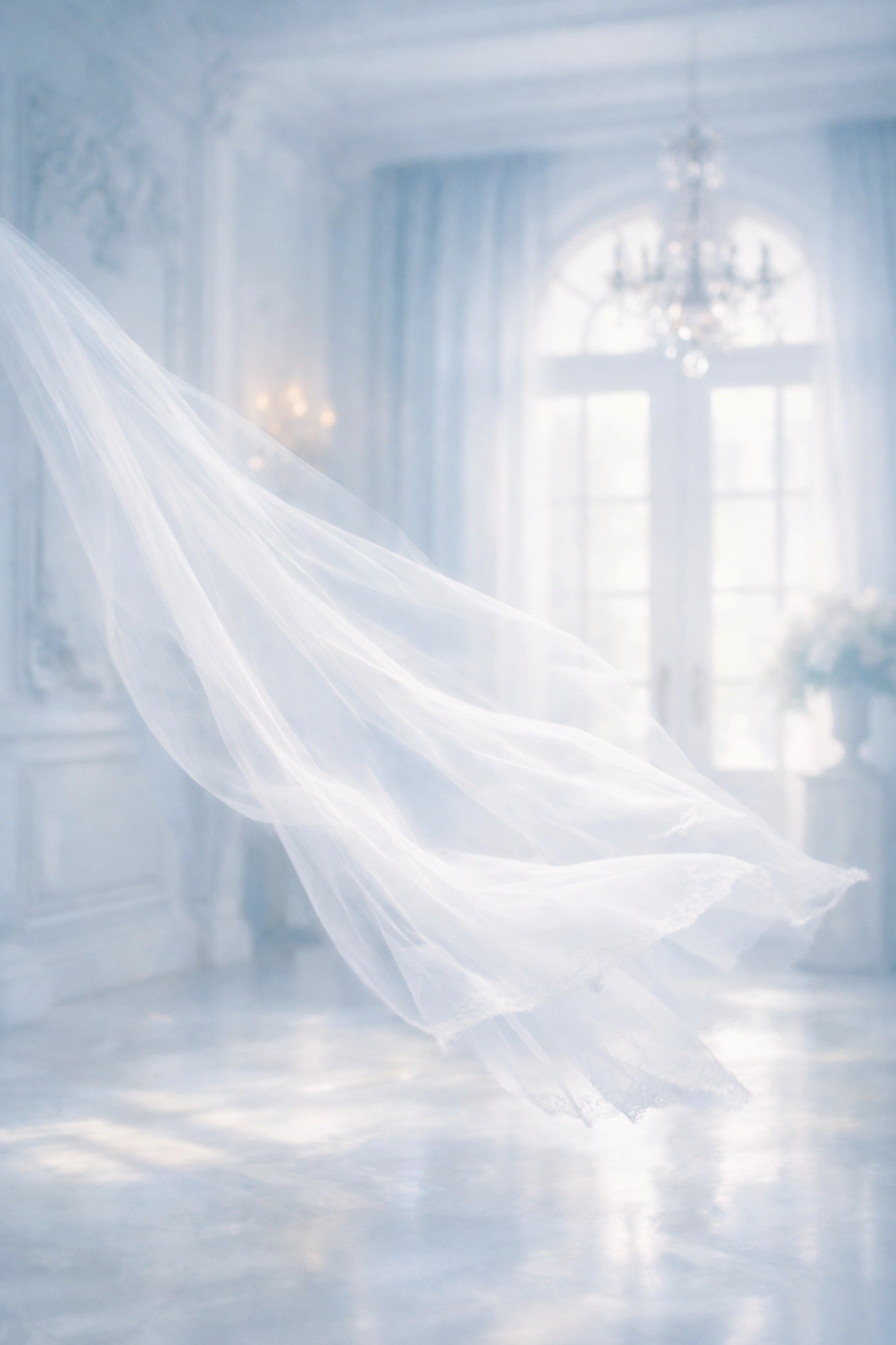 Lightweight sheer bridal veil floating in a sun-lit room representing Ariamo's airy style.