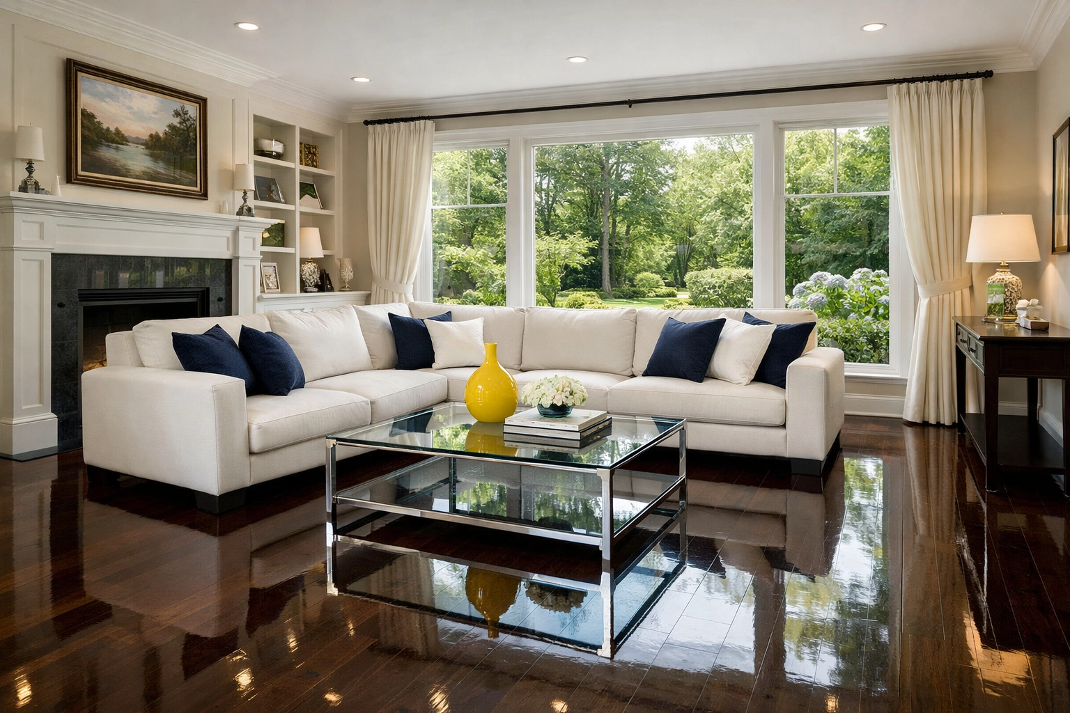 A spotless Belmont living room with polished hardwood floors and clean furniture.