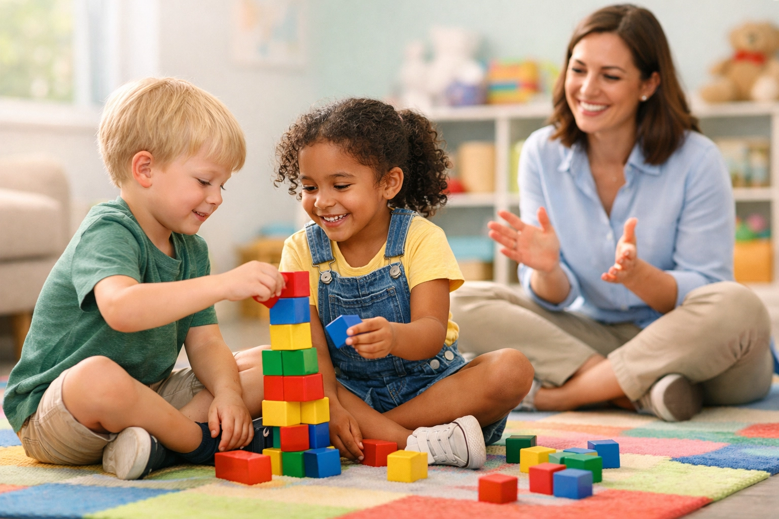Children practicing social skills during ABA therapy session in Peachtree City clinic