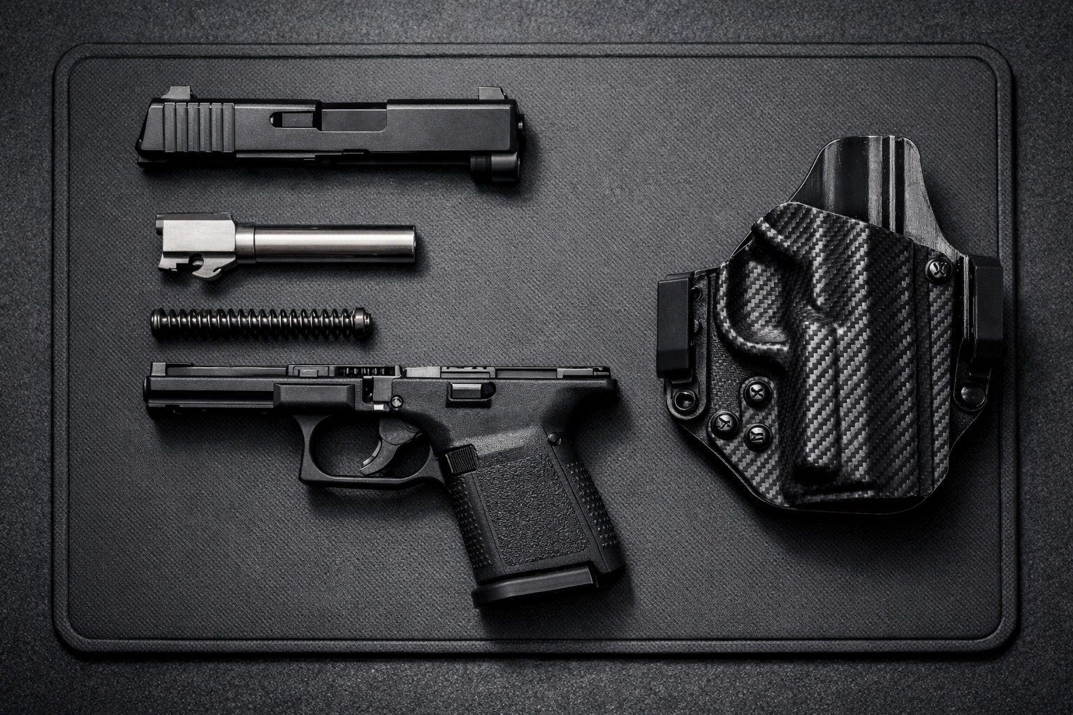 Field-stripped pistol components laid out for cleaning next to a premium KYDEX IWB concealed carry holster.
