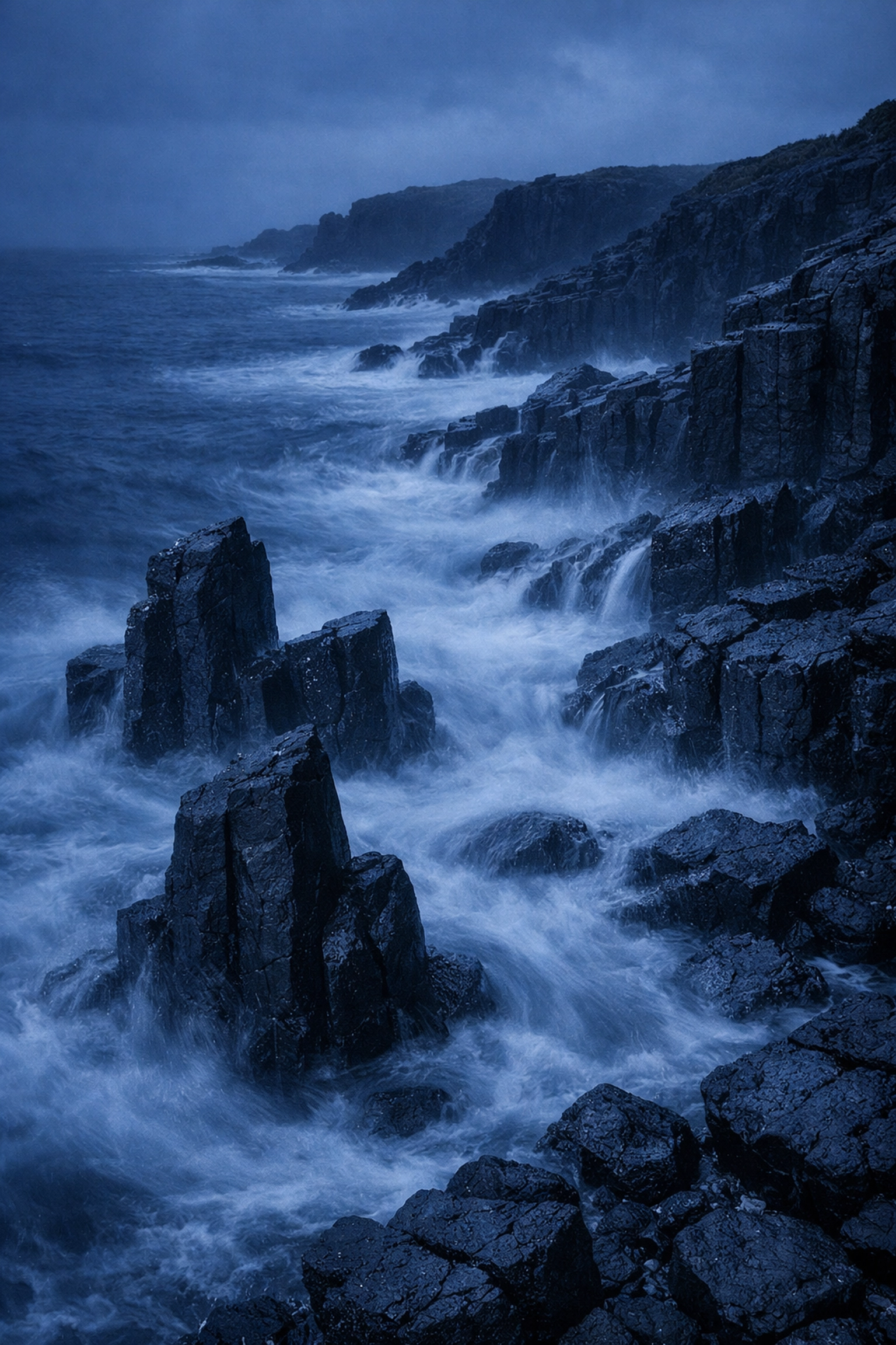 Long exposure landscape photography of a rugged coastline with basalt columns and misty sea during blue hour.