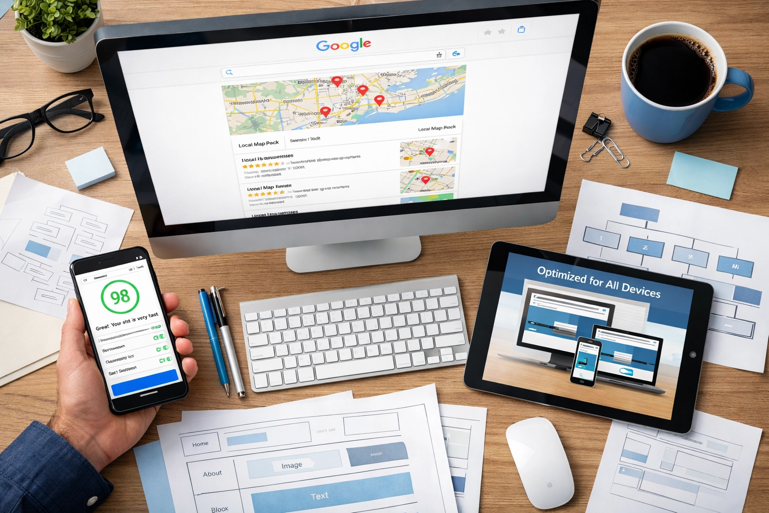 Desktop workspace showing Google local search results and mobile-responsive website design