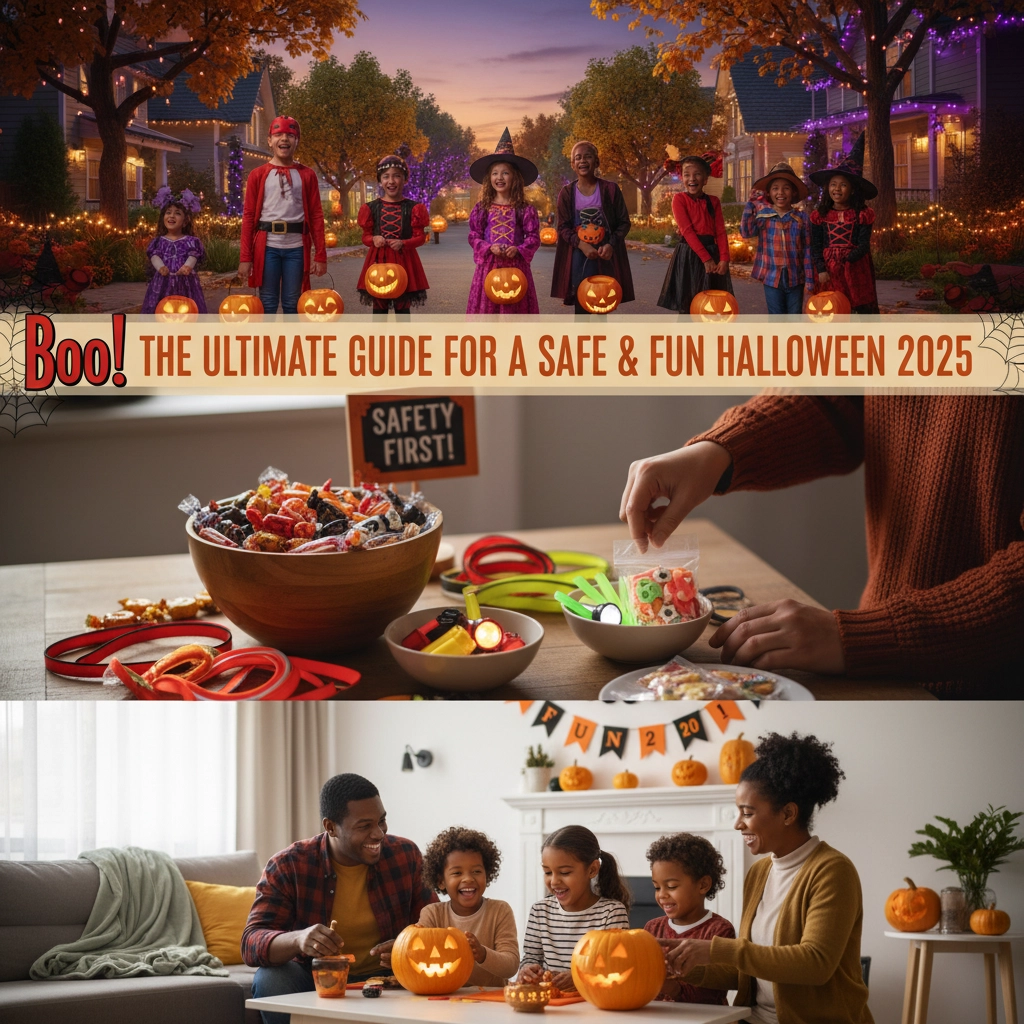 Graphic with three pictures. Top photo shows a group of children standing in the middle of the street in costumes holding lighted pumpkin Halloween buckets. Middle pic is a woman filling up bowls of Halloween treats; the bottom pic is a family sitting in the living room around their coffee table with two lighted jack 'o lanterns and Halloween decorations around the room. Boo! the Ultimate Guide for a Safe and fun Halloween 2025