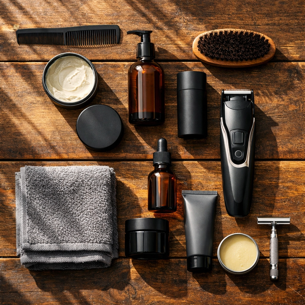 Complete men's morning grooming kit with brush, trimmer, and styling products
