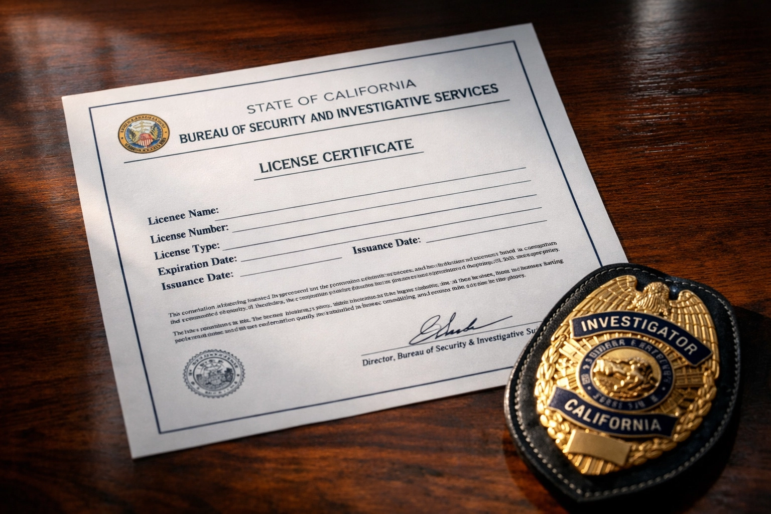 How to Become a Private Investigator in California: The Veteran's Roadmap to Success California BSIS private investigator license documents and badge on desk