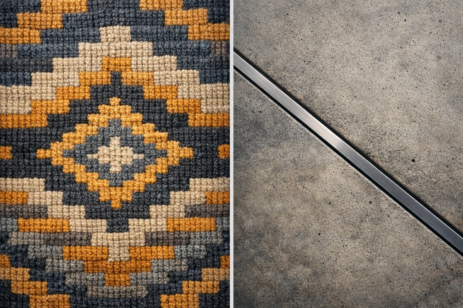 Close-up diptych comparing traditional Indigenous hand-dyed wool with modern urban concrete and steel.