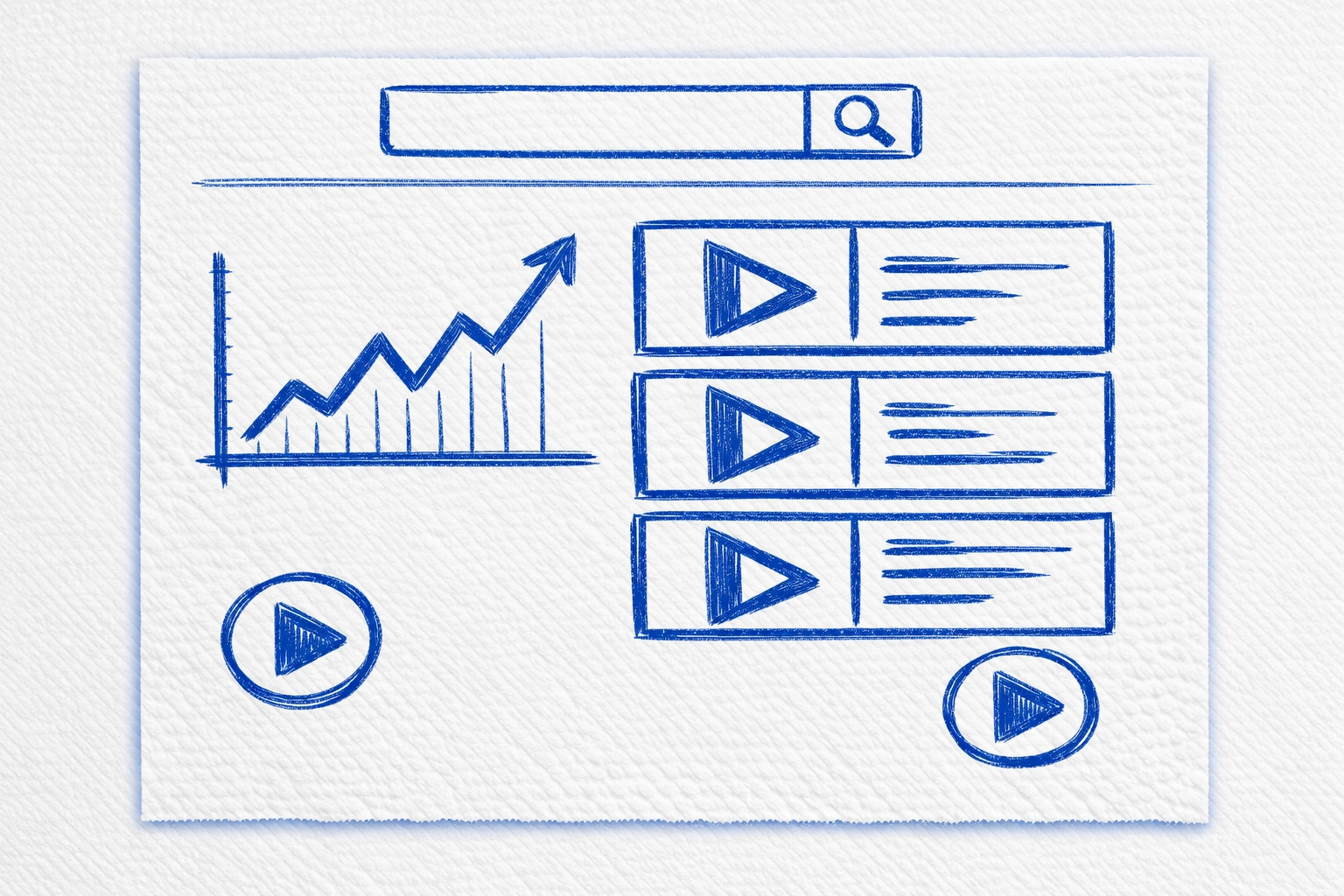 Blue marker napkin sketch of a simple YouTube trending dashboard with trending videos search box and rising graph.