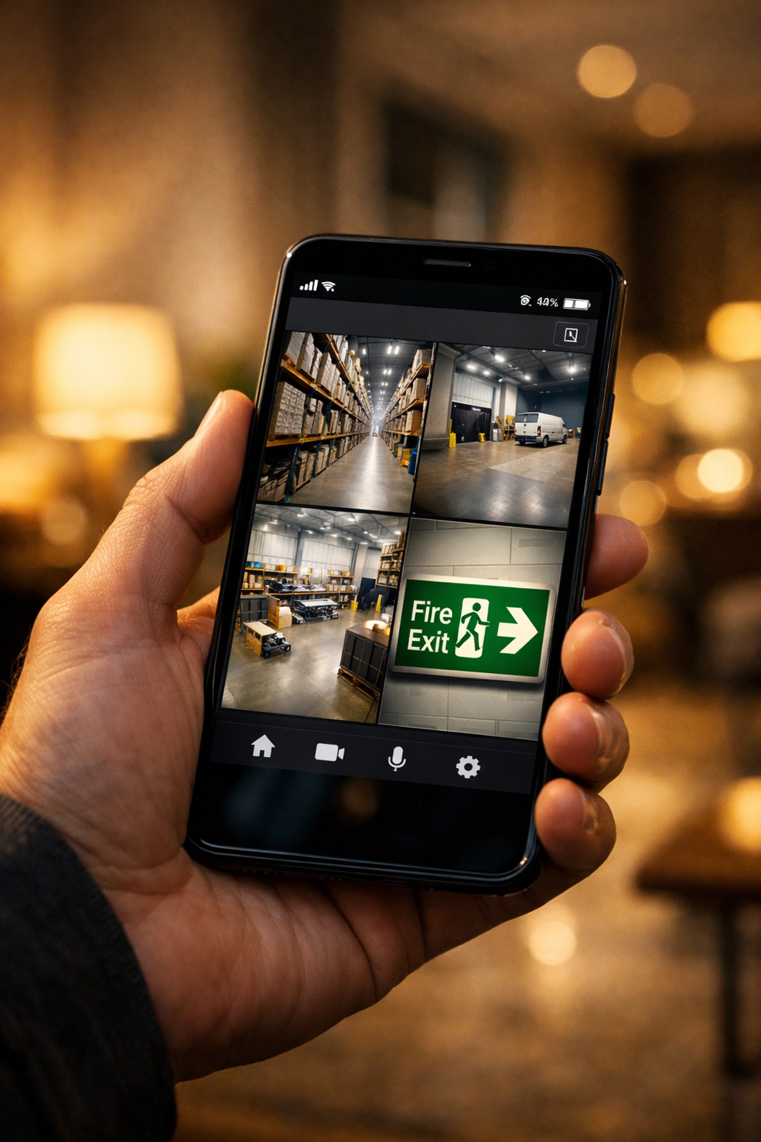 Remote monitoring of a Portsmouth warehouse via NVR IP camera system on a smartphone security app.