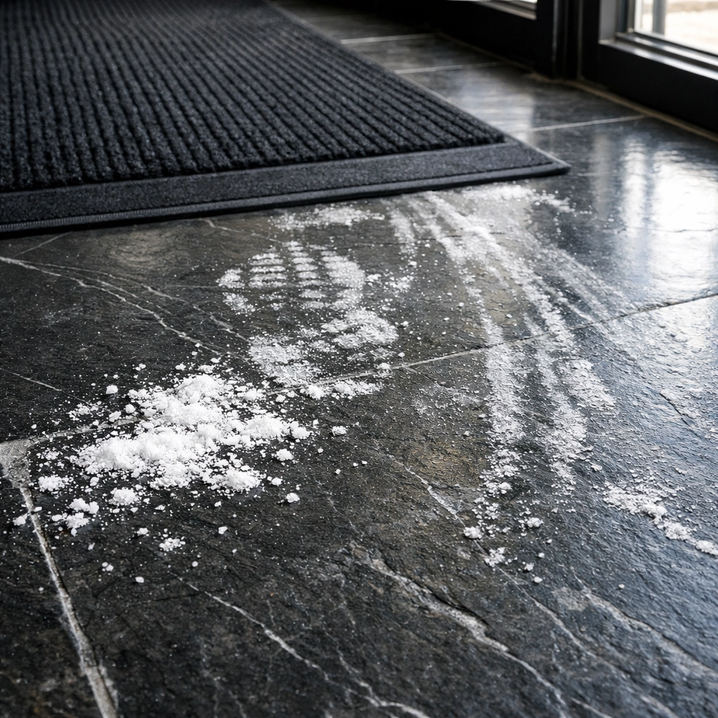 White salt residue and slush tracks on a dark commercial lobby floor in Chicago.