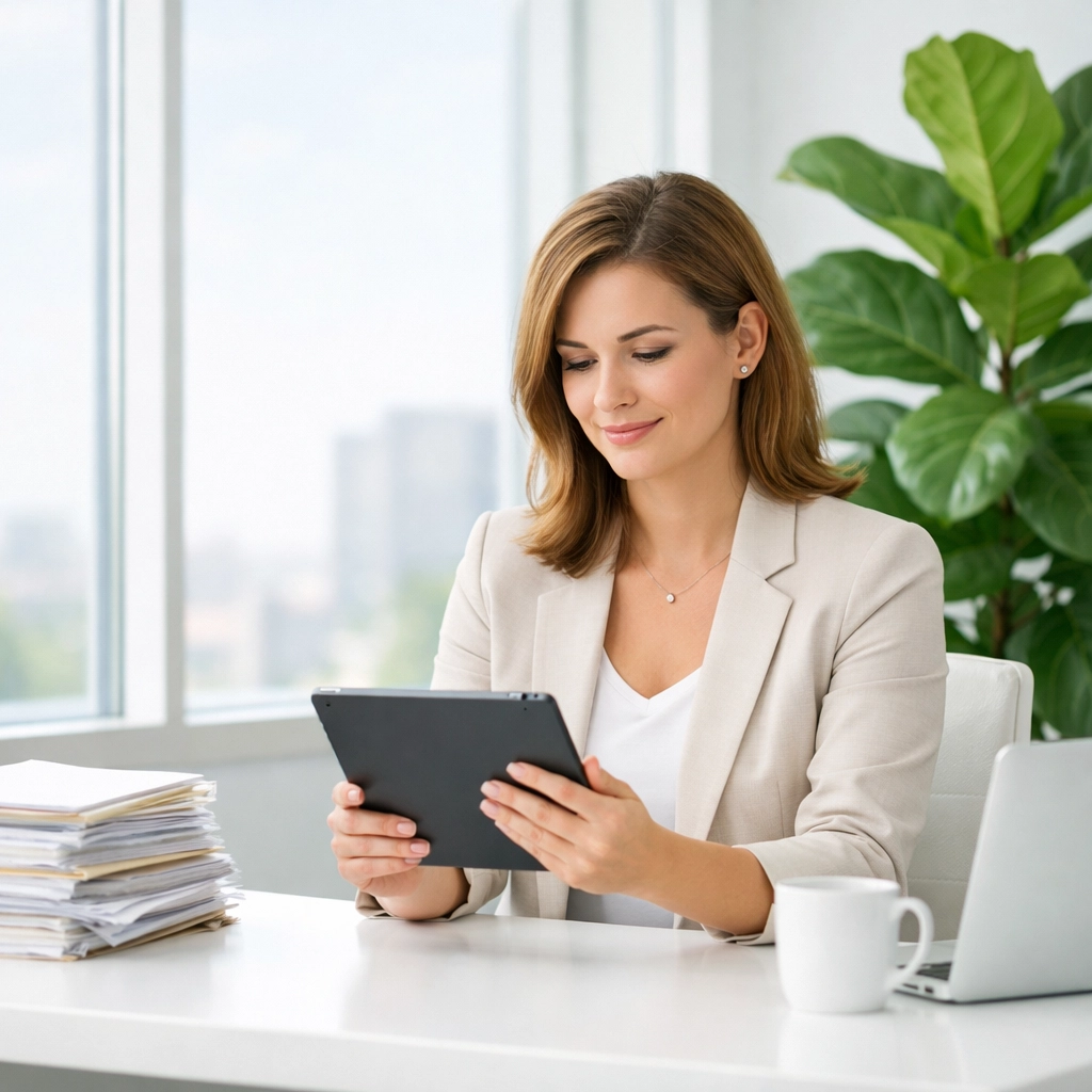 Professional woman analyzing cash flow vs profit data on a tablet in a bright, modern office.