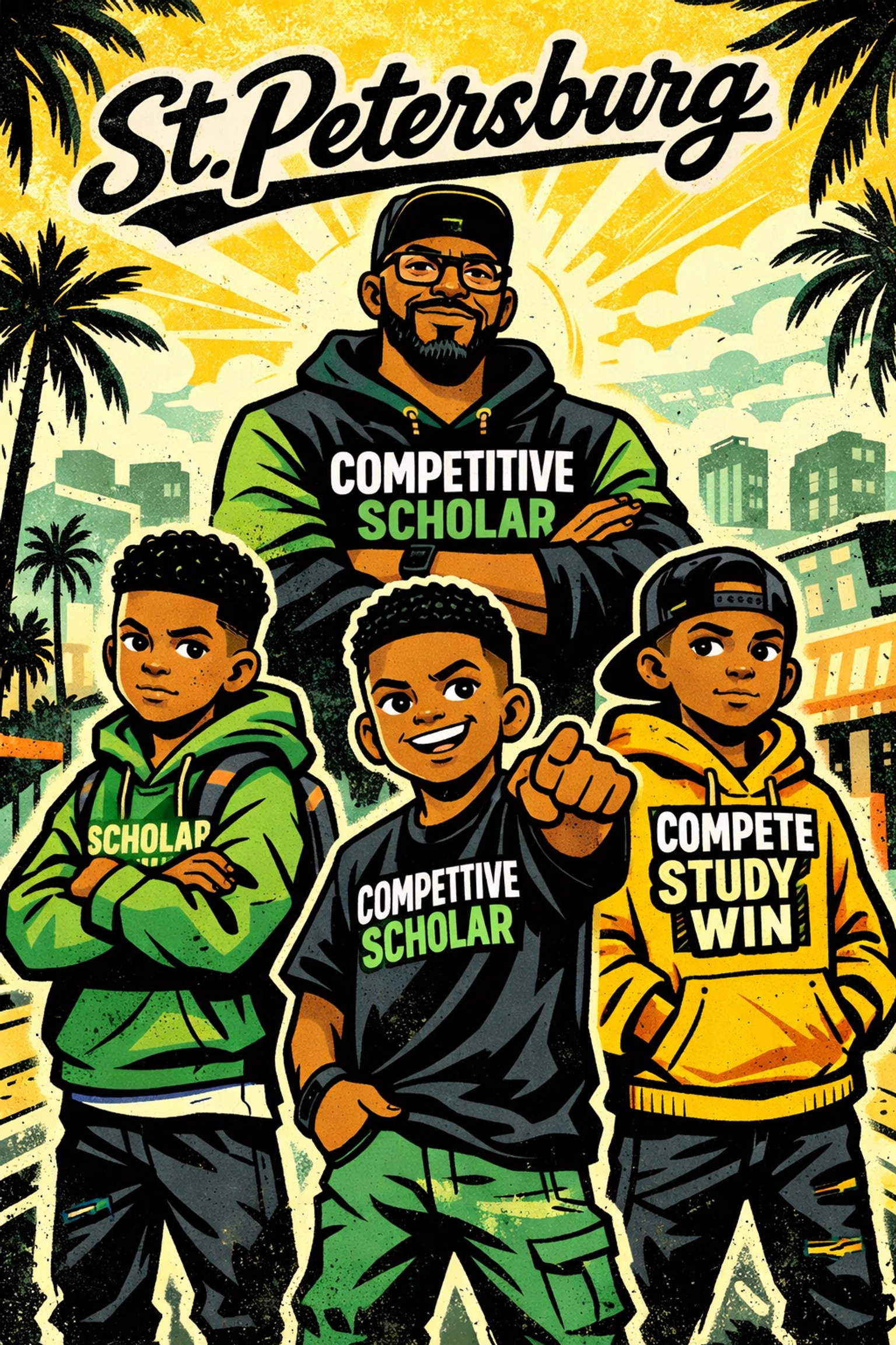 Black boys and a mentor in St. Petersburg wearing Competitive Scholar apparel for literacy advocacy.