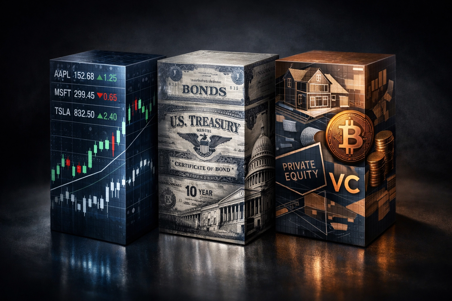 Three-part asset allocation model showing equities, bonds, and alternative investments diversification