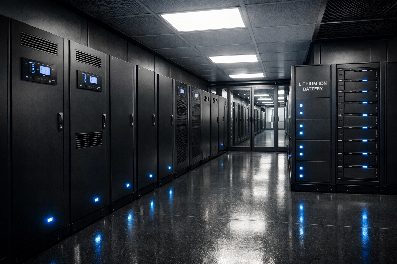 UL 9540A tested lithium-ion battery storage and UPS cabinets in a modern data center containment aisle.