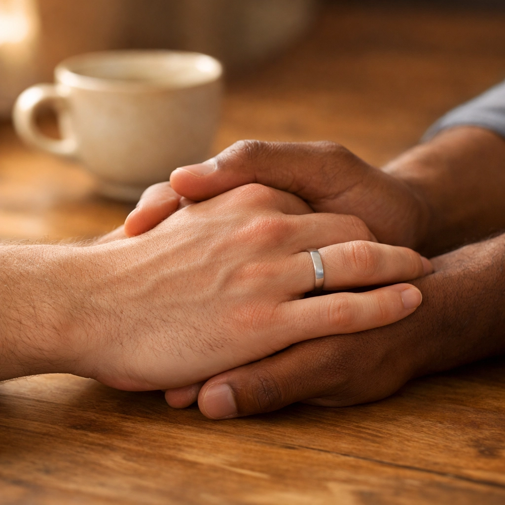 Gay couple's hands clasped together showing commitment and love in MM romance story