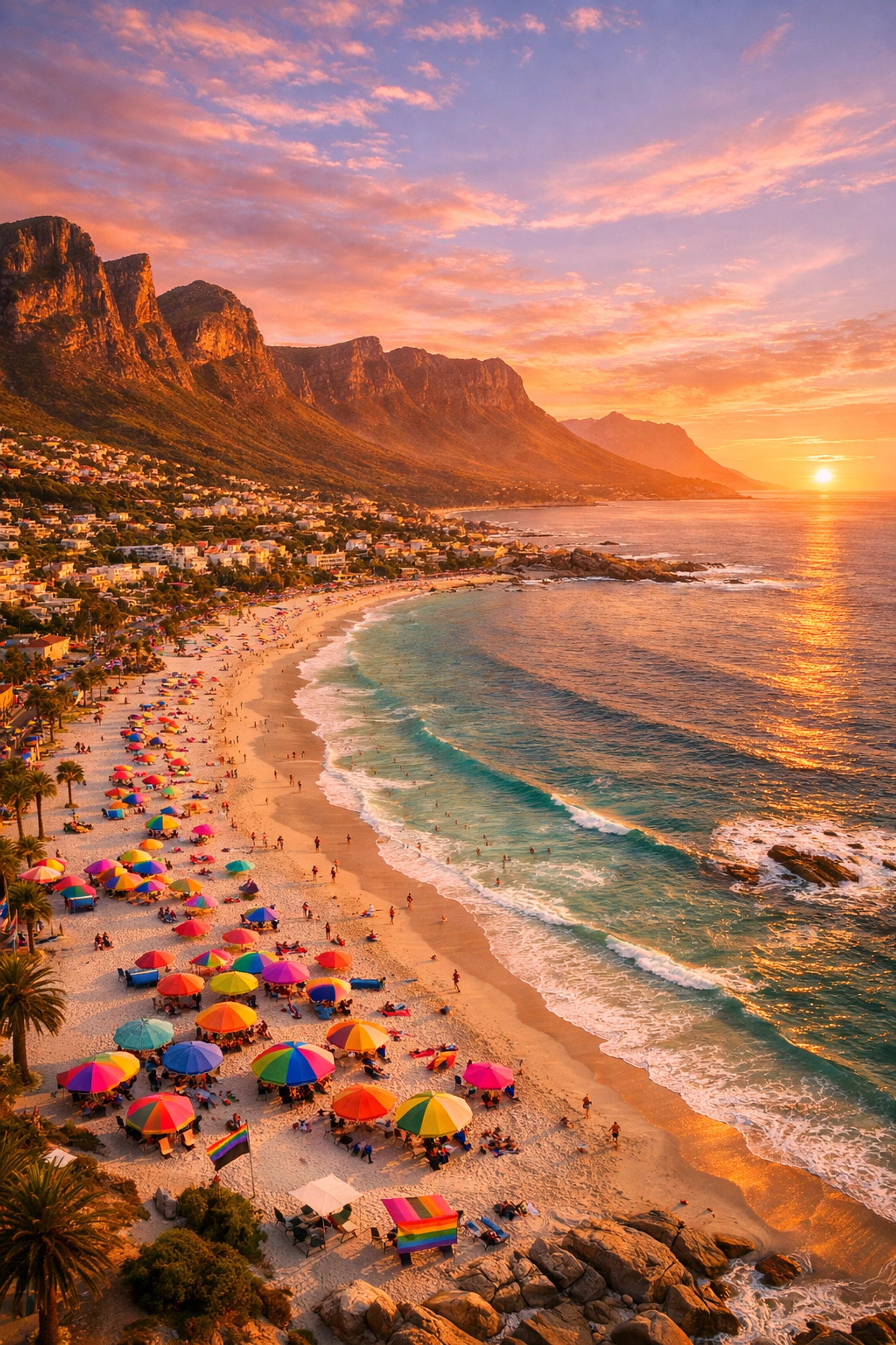 Camps Bay beach at sunset with Twelve Apostles mountains, Cape Town LGBTQ+ Valentine's destination