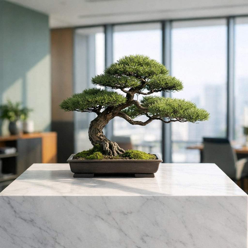 A minimalist bonsai tree on a pedestal symbolizing intentional growth and strategic marketing oversight.