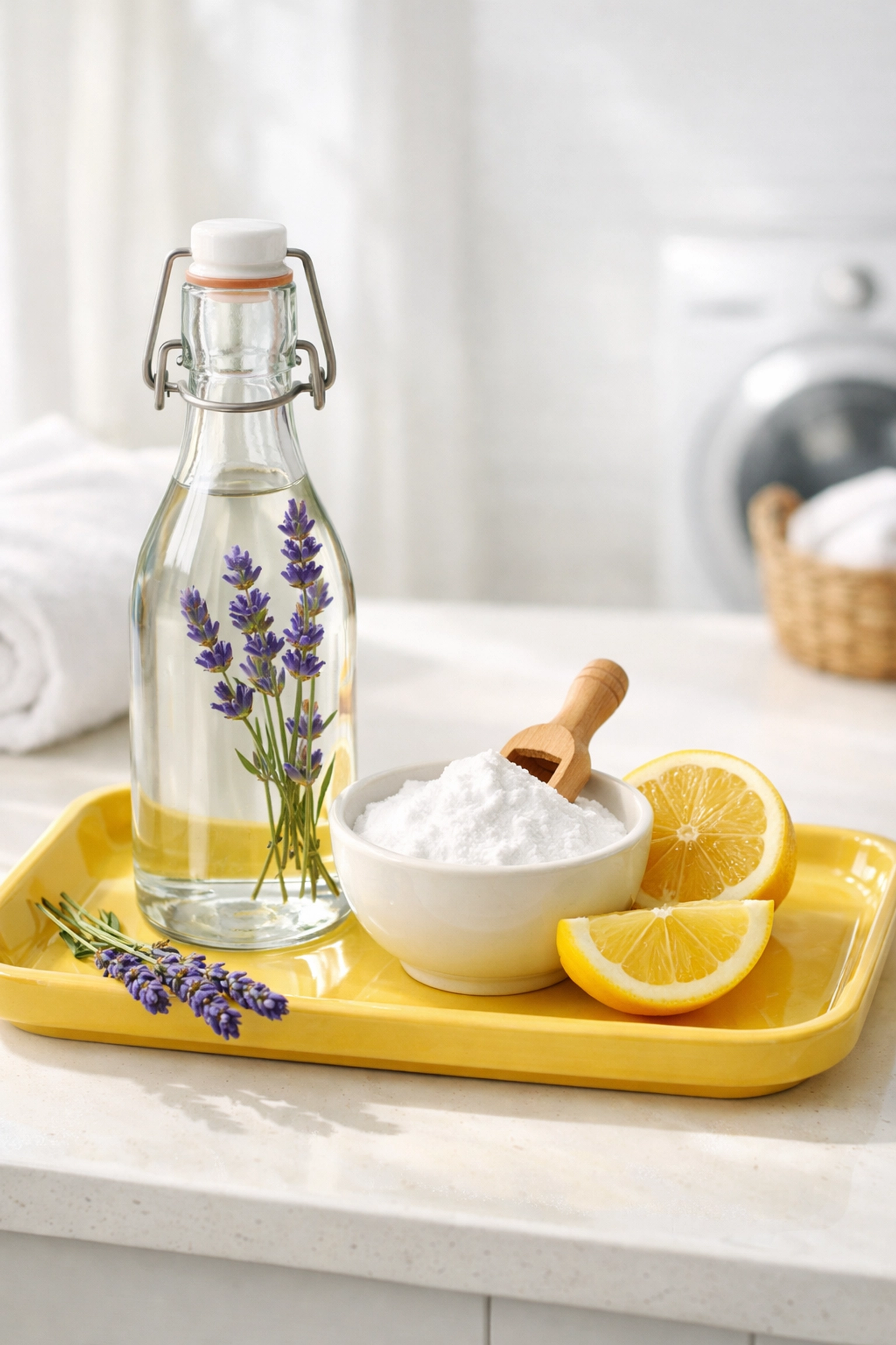 Eco-friendly laundry ingredients including white vinegar, baking soda, and lavender oil on a tray.
