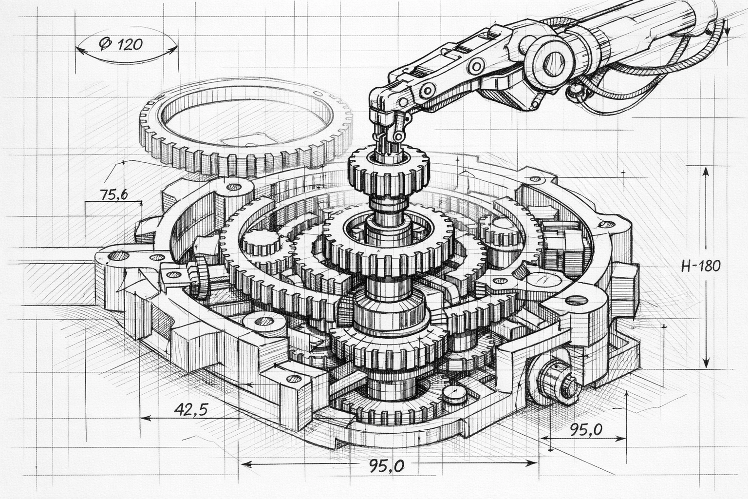 Technical drawing of an automation engine representing the strategic implementation of sales pipeline automation.