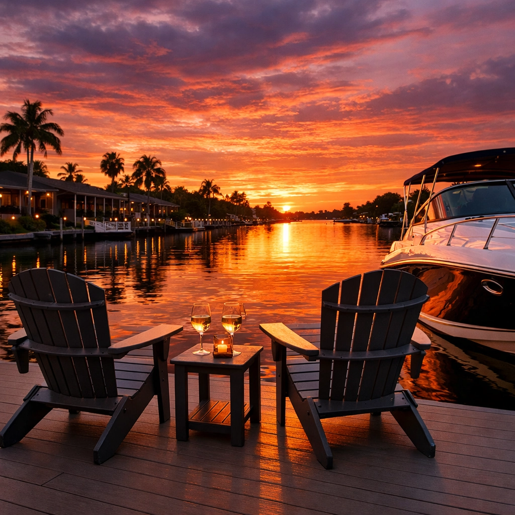 Luxury waterfront lifestyle at sunset with a private dock and boat in Southwest Florida.