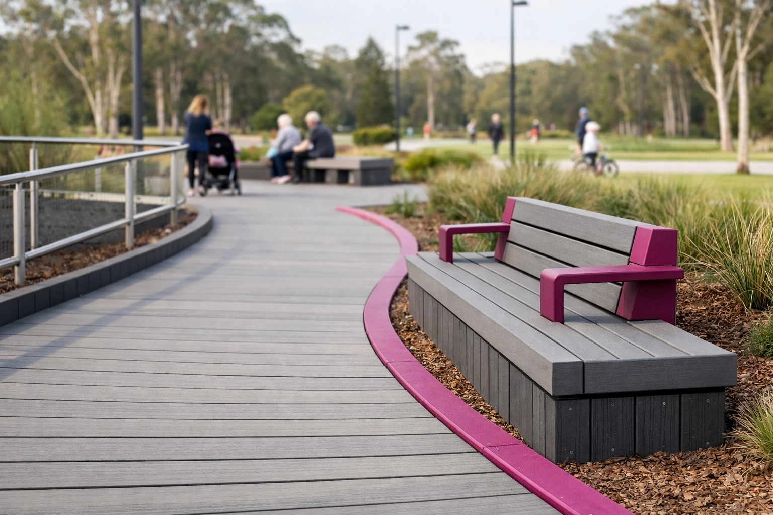 Australian council public park boardwalk with durable recycled plastic decking and seating, designed for high-traffic public infrastructure.