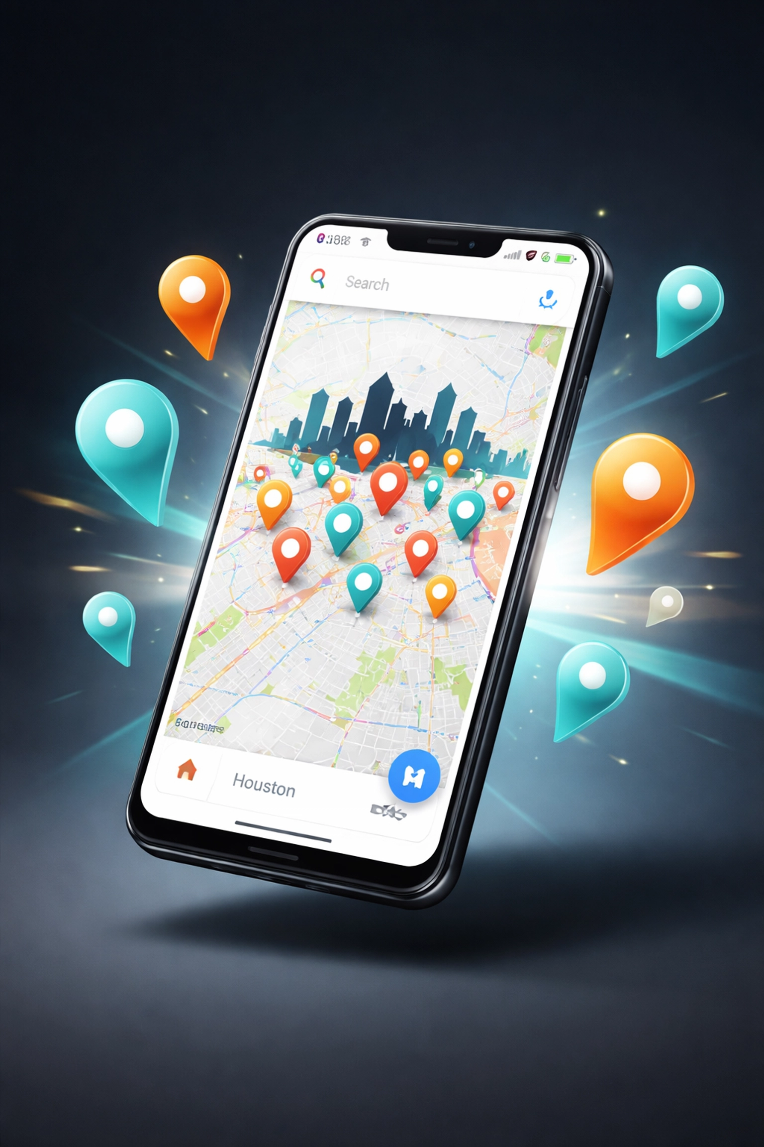 Smartphone map showing Houston location pins, illustrating local search visibility for plumbers.