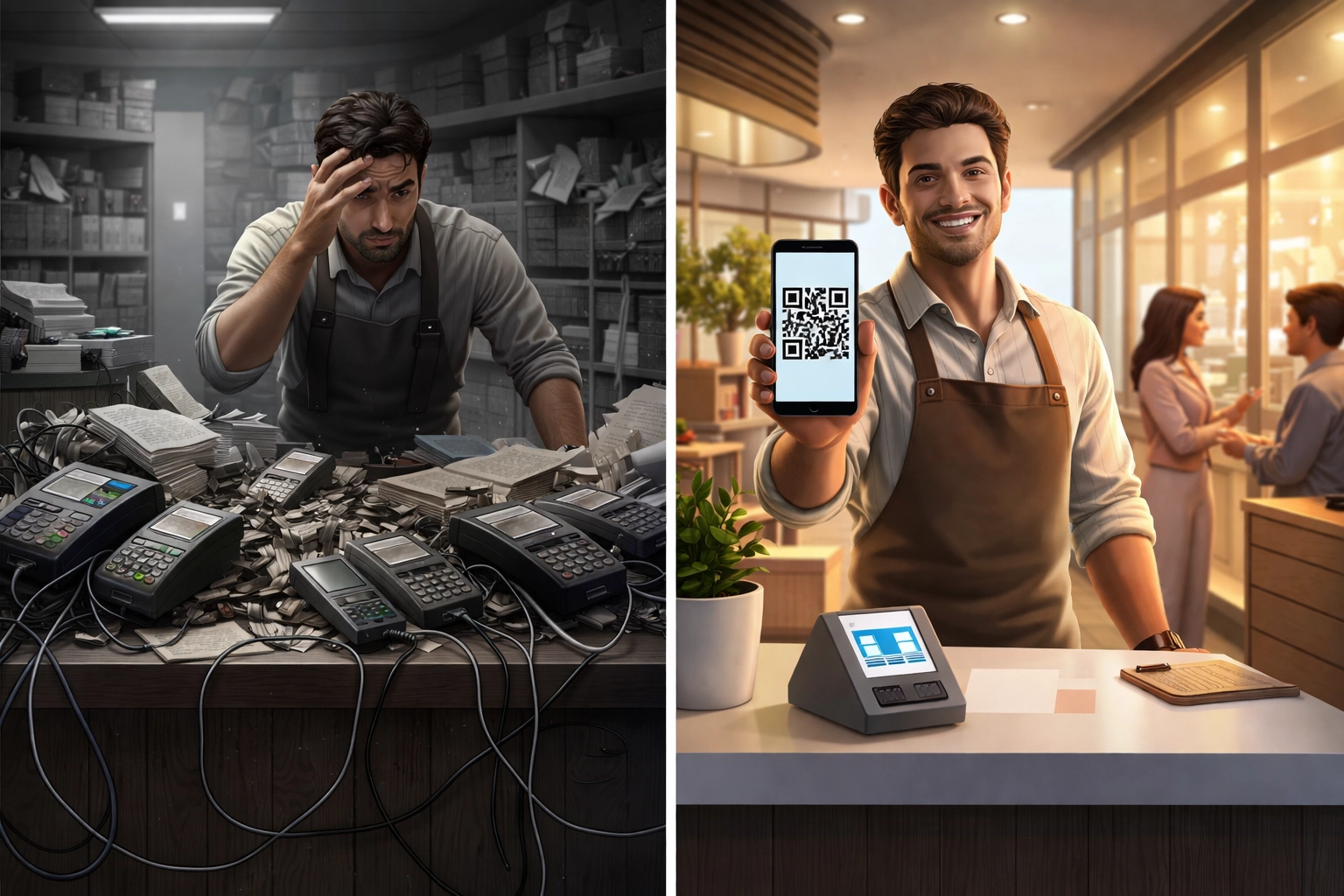 Side-by-side comparison of messy traditional payment setup and streamlined LUSD crypto payments via smartphone QR code.