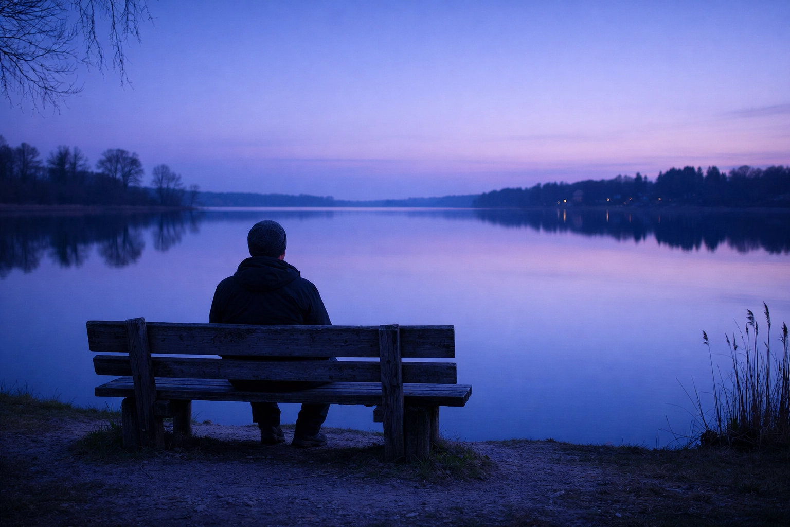 A person in quiet prayer by a still lake reflecting on personal spiritual revival and inner peace.
