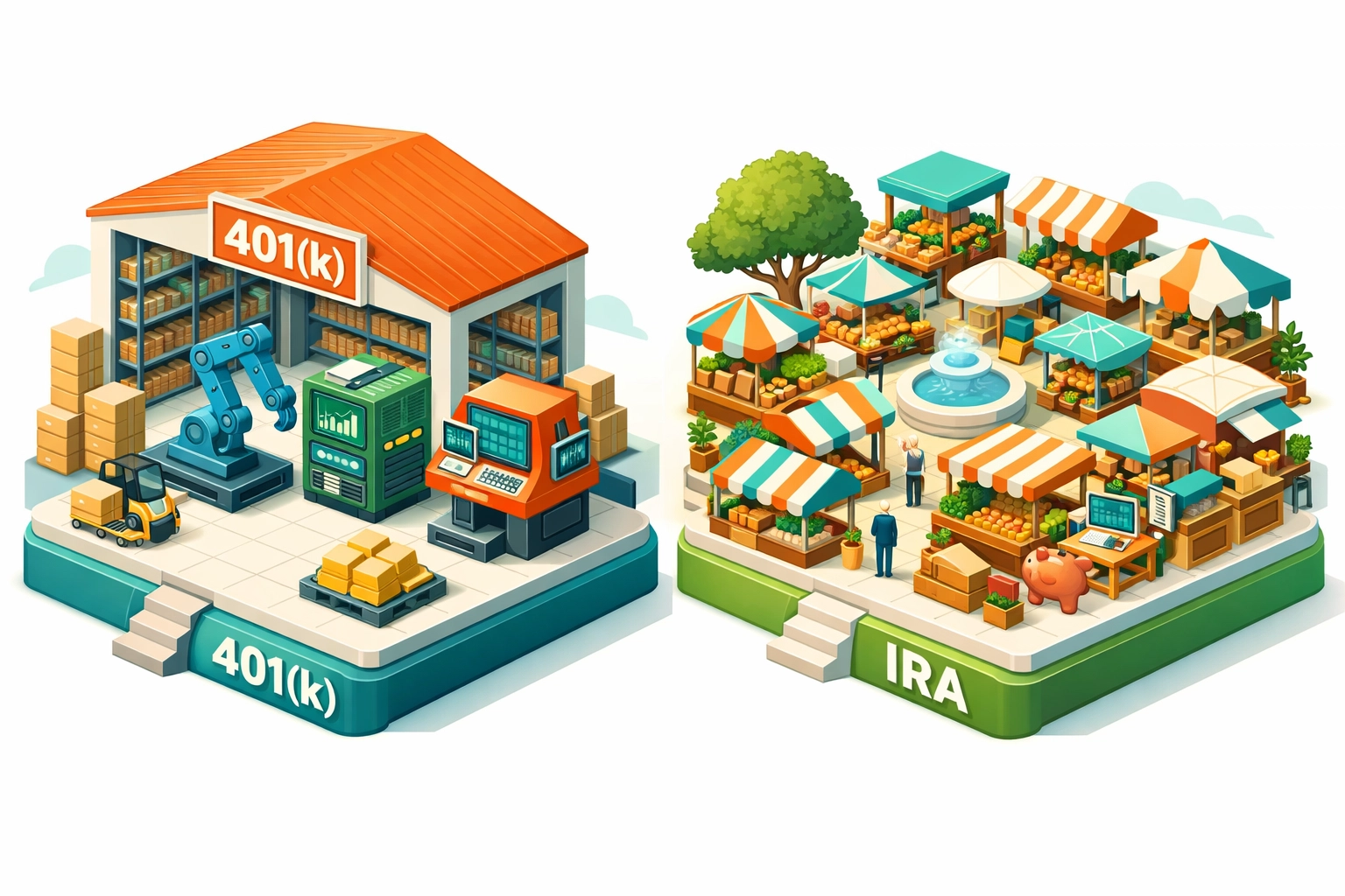 Comparison of 401k limited options vs IRA investment freedom shown as a warehouse and a marketplace.