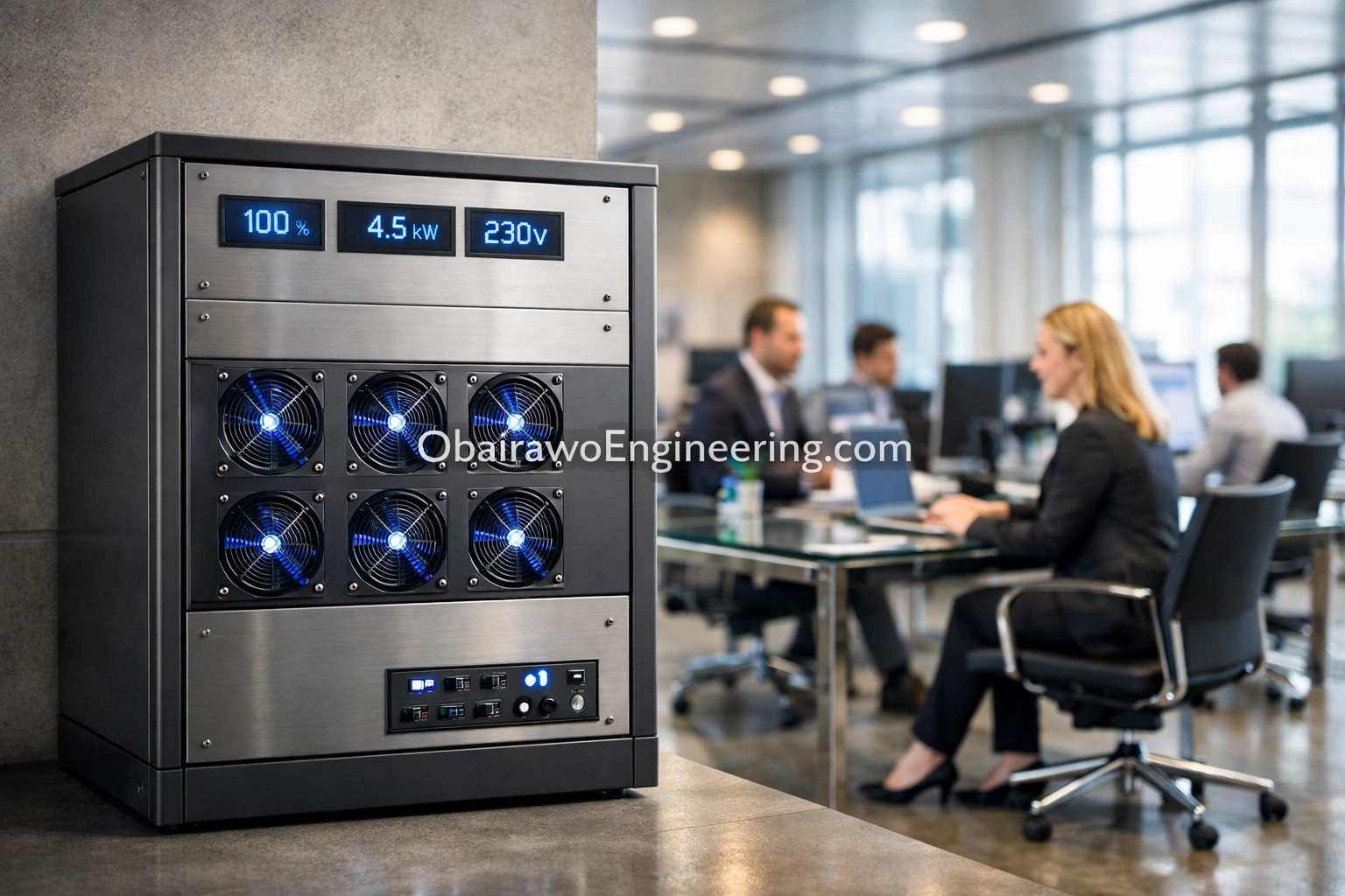 Obairawo Engineering fuelless generator providing silent, fuel-free power in a modern corporate office setting.
