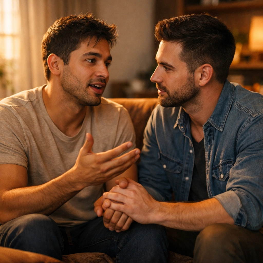 Gay couple holding hands and talking on a sofa to build emotional security and trust.