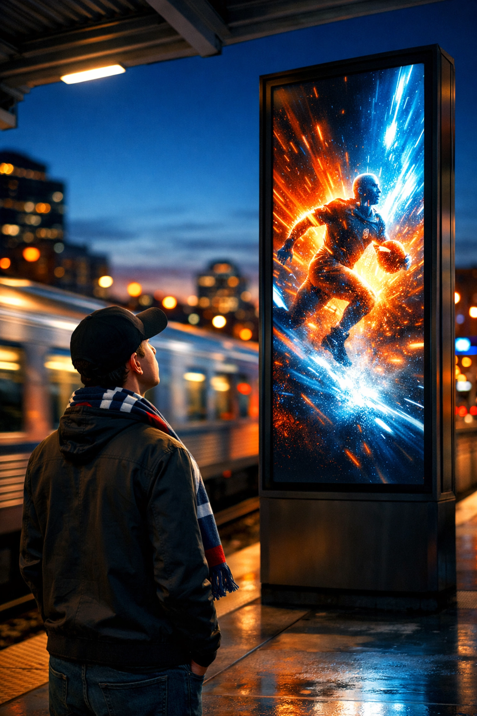 A sports fan looking at a vertical digital screen at a city transit hub for pre-game DOOH advertising.