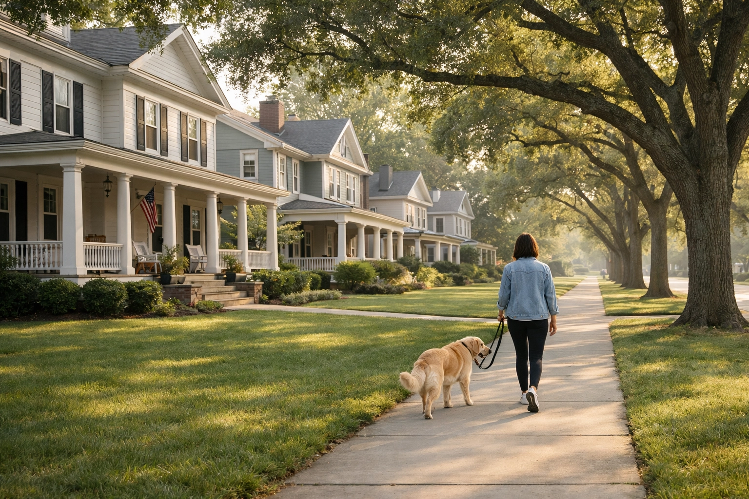 A person walking a dog on a tree-lined Lakewood sidewalk past historic colonial homes with front porches.