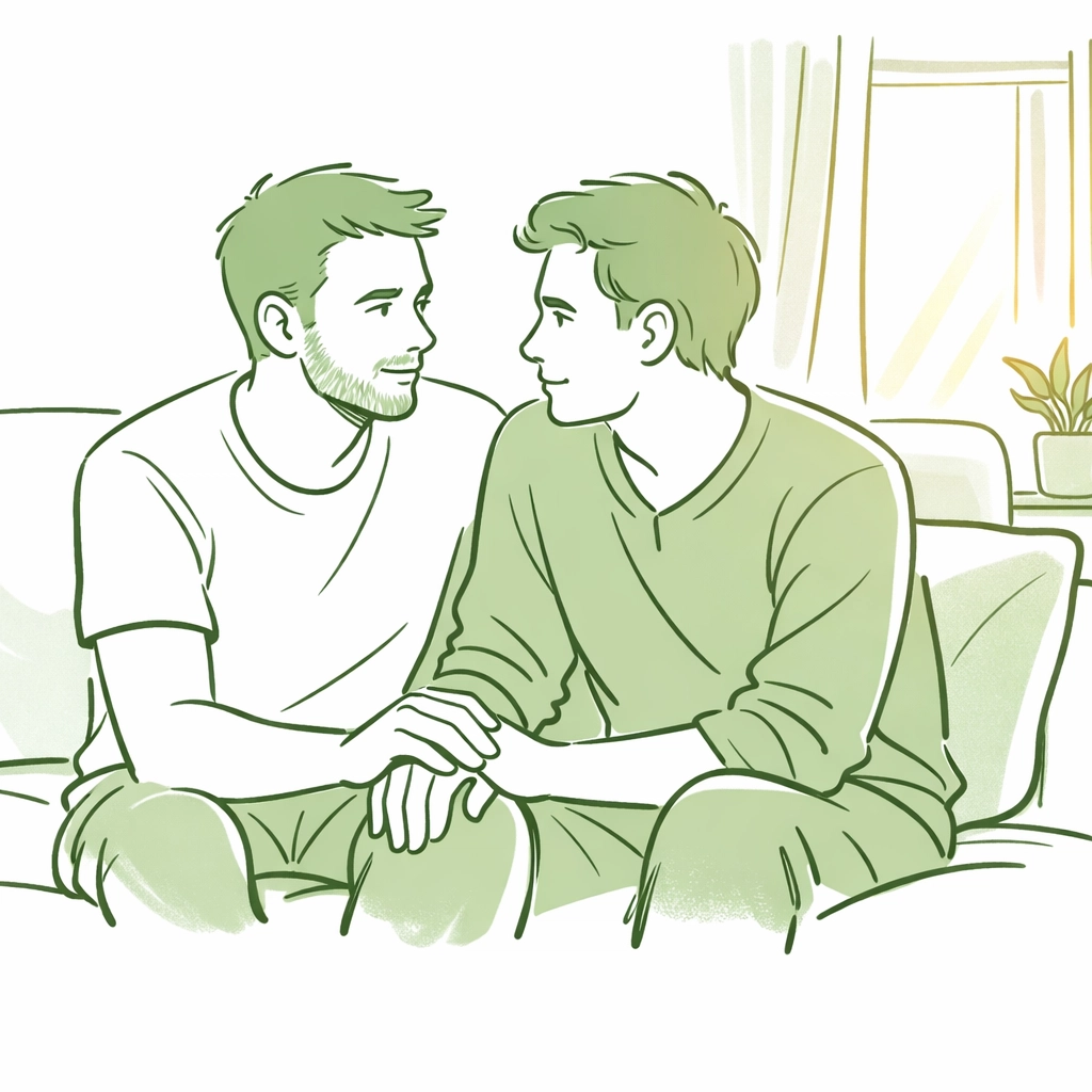 Bisexual men in MM romance having intimate conversation on couch showing authentic relationship depth