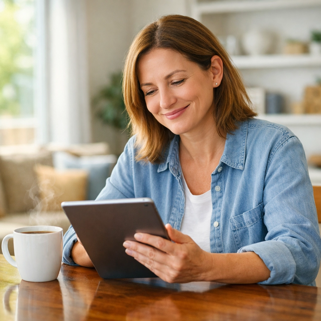Homeowner using a tablet to find affordable auto insurance rates with Mojica Insurance Services.
