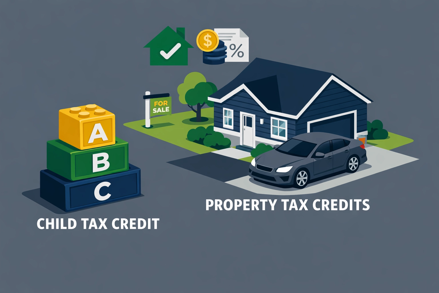 Illustration of a house and car representing CT property tax credits and child tax savings.