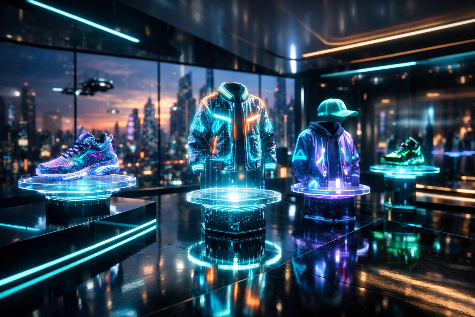 Virtual reality shopping hub featuring holographic products and digital fashion in the Larecoin metaverse.