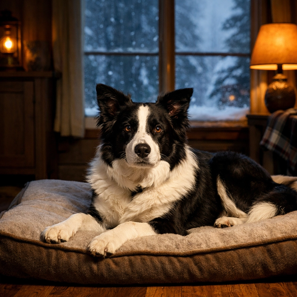 Dog demonstrating place command on bed during Saskatchewan winter