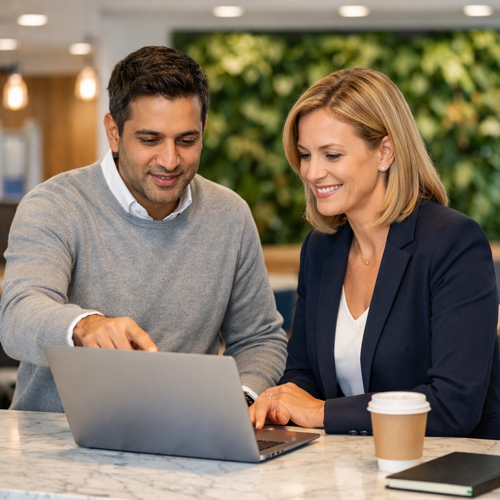 IT and Finance professionals collaborating on ServiceNow asset reconciliation in a modern office.