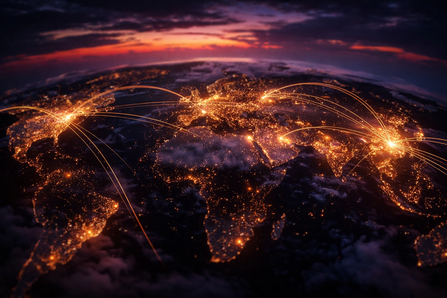 Aerial view of global financial centers connected by illuminated trails, highlighting private equity opportunities worldwide.