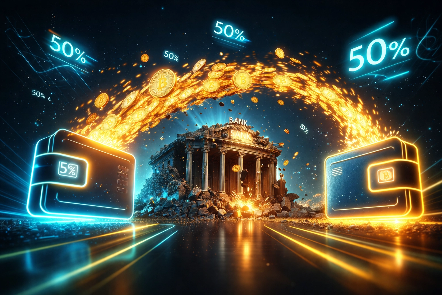 Digital coins stream between wallets, bypassing a crumbling bank, illustrating Larecoin's merchant fee savings and self-custody advantages.