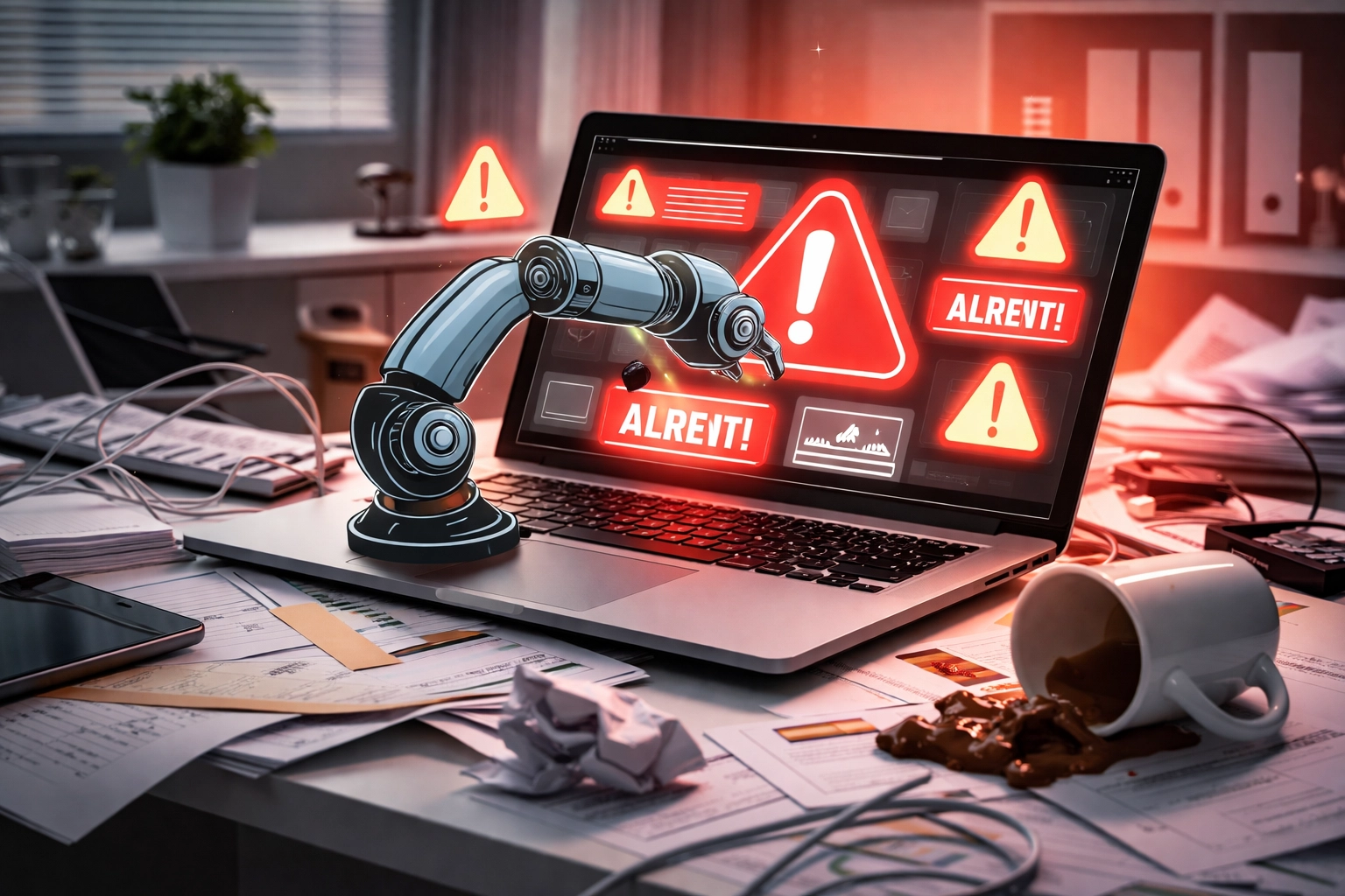 Office desk scene with warning alerts and a robotic arm showing the risks of agentic AI overstepping boundaries.