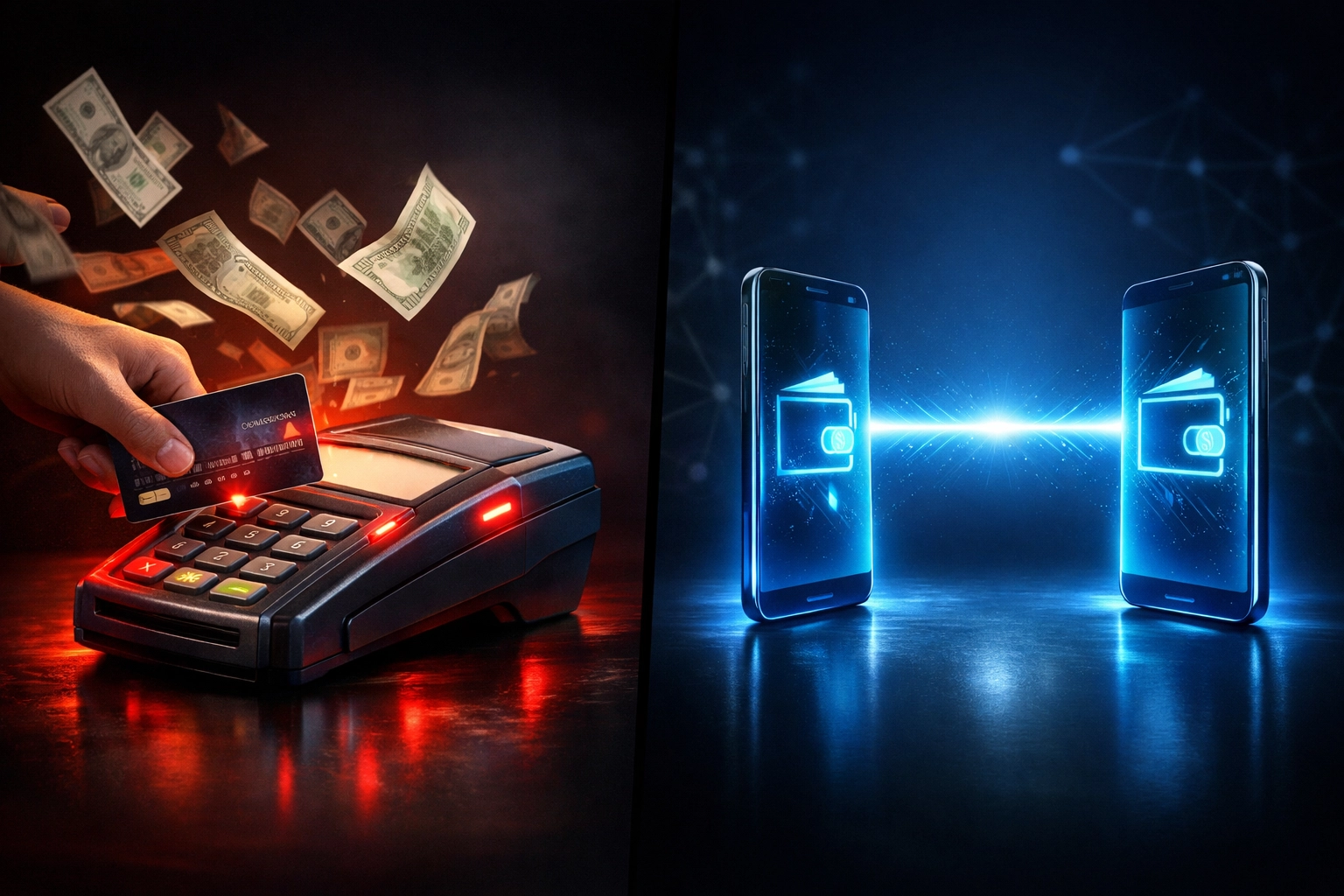 Traditional card payment vs blockchain wallet transfer reducing merchant fees