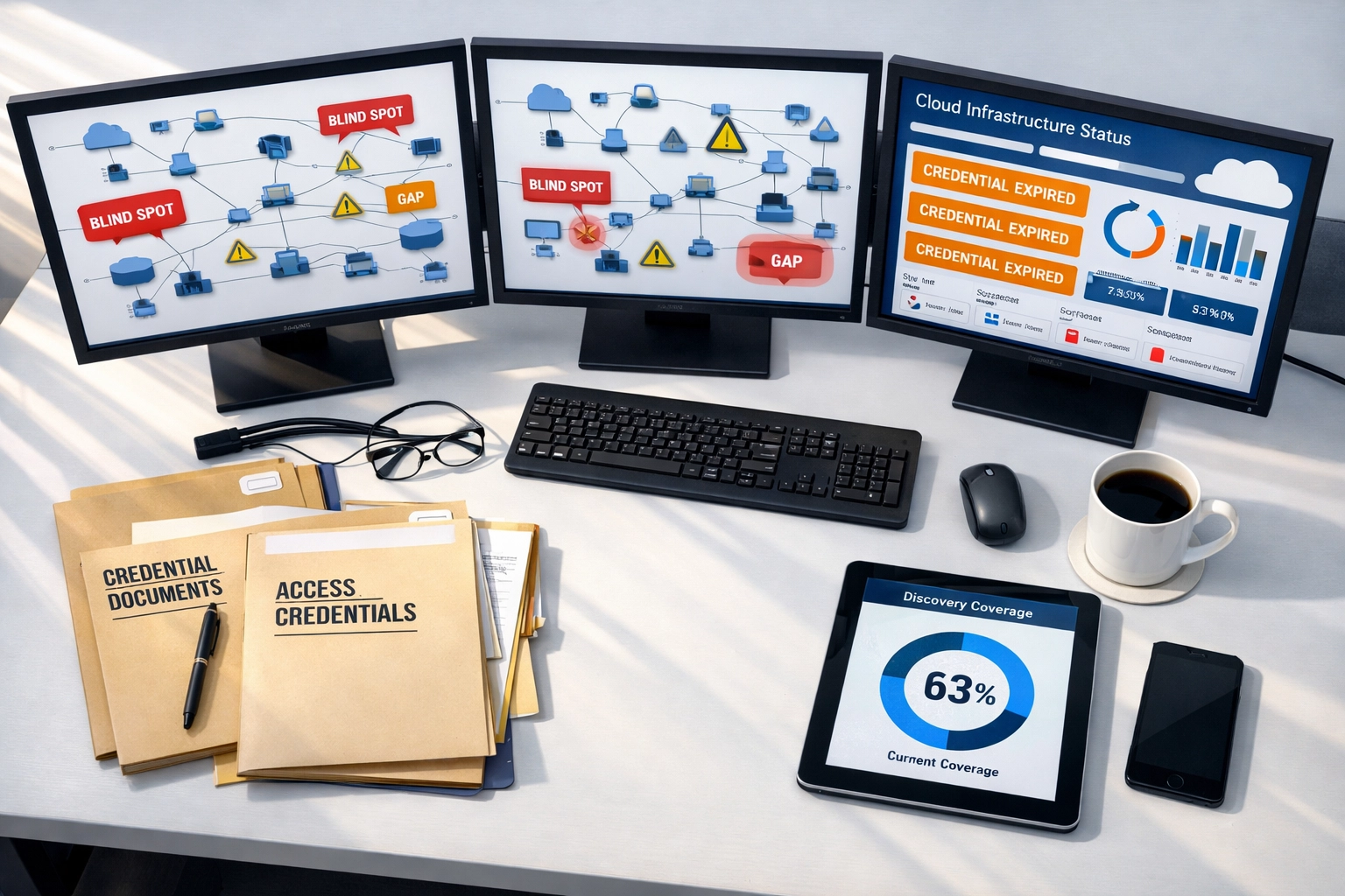 ServiceNow Discovery dashboard displaying infrastructure coverage gaps and credential issues