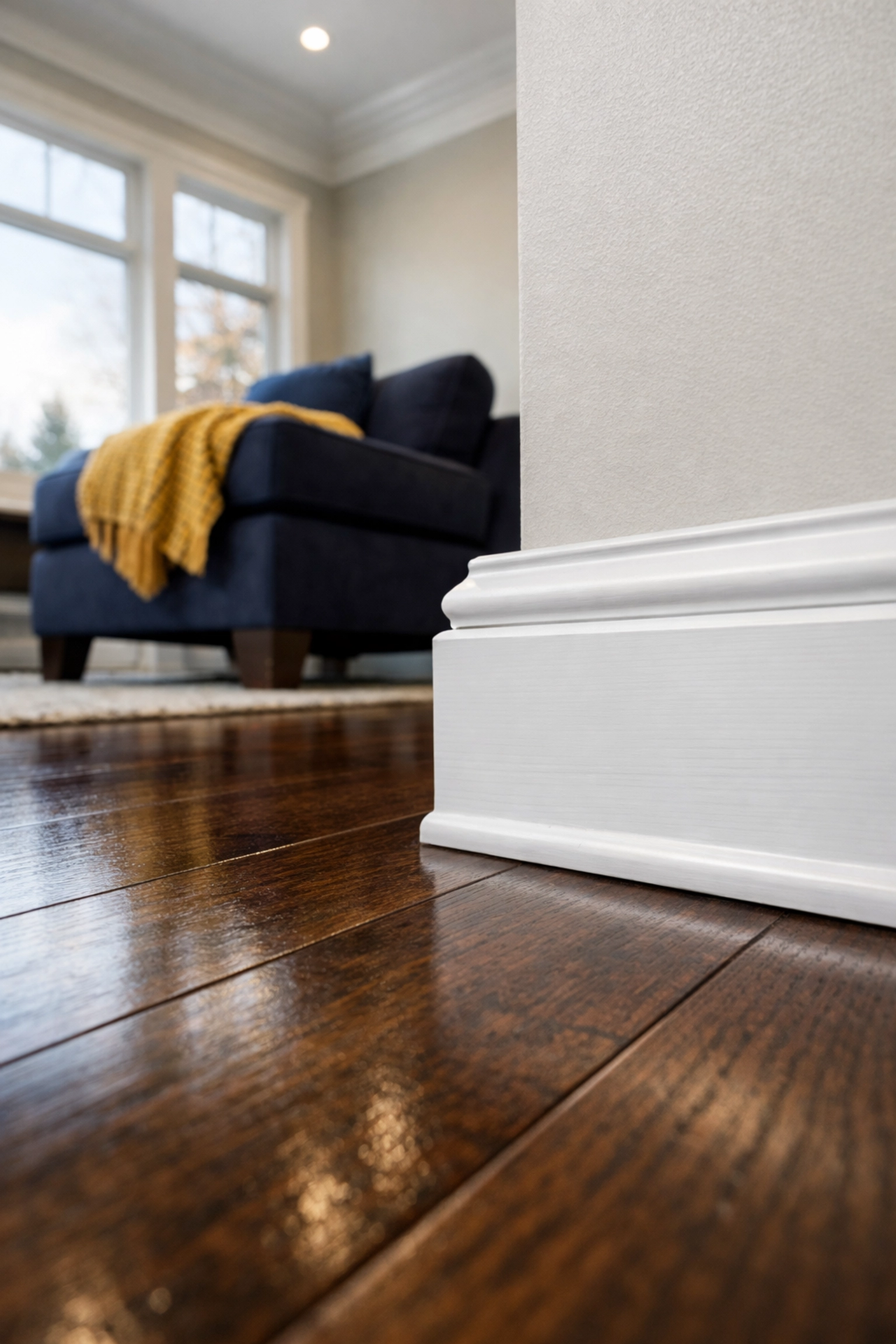 Detailed deep cleaning in Massachusetts focusing on spotless baseboards and dust-free living room floors.