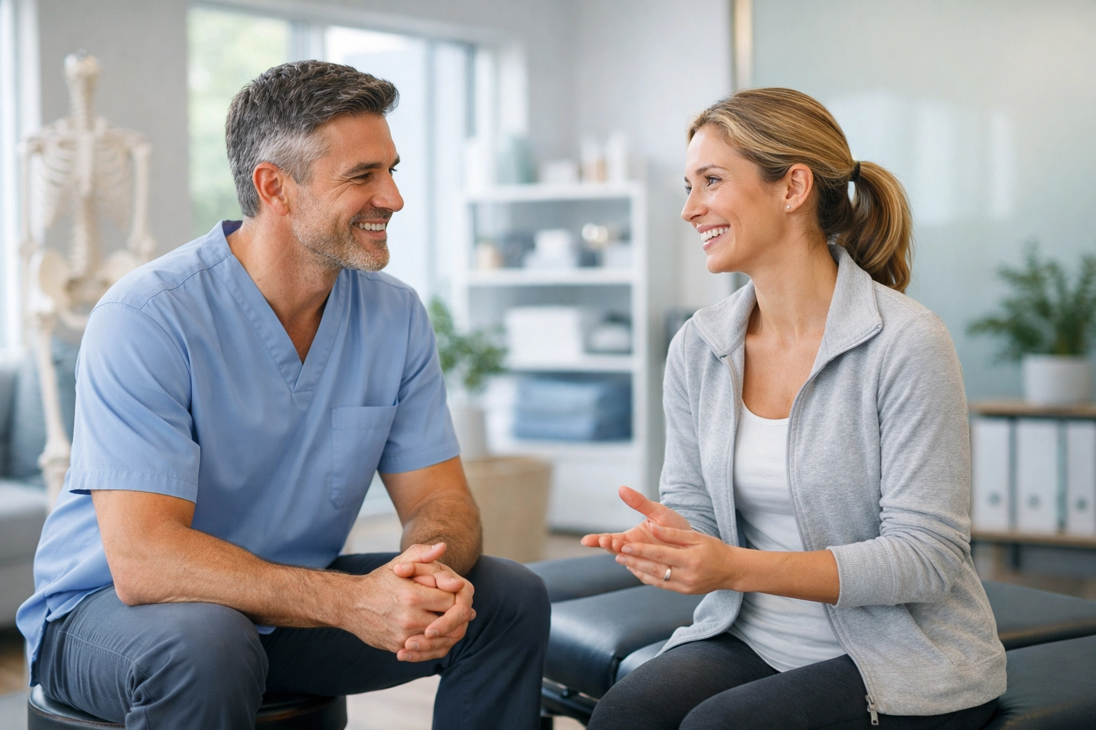 Professional chiropractor consulting with a patient in a clean, clinical wellness setting.