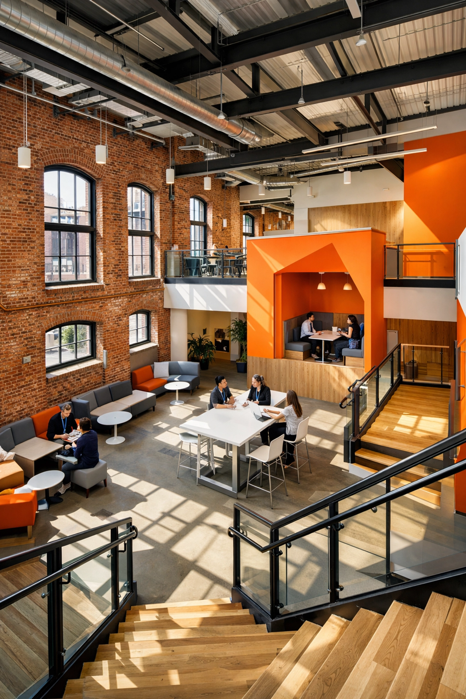 Modern adaptive reuse office space interior with collaborative workspace design